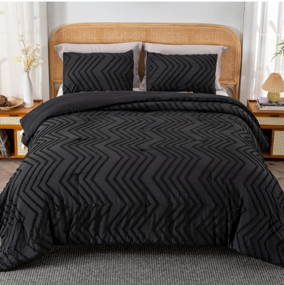 Black Chevron Tufted Zigzag Textured King Size Bed Boho Comforter Set Bedding - Picture 3 of 15